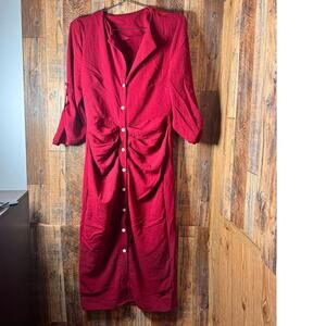 SHEIN Burgundy Button‎ Front Tie Waist Midi Dress | Size S (US 4 / EU 36)